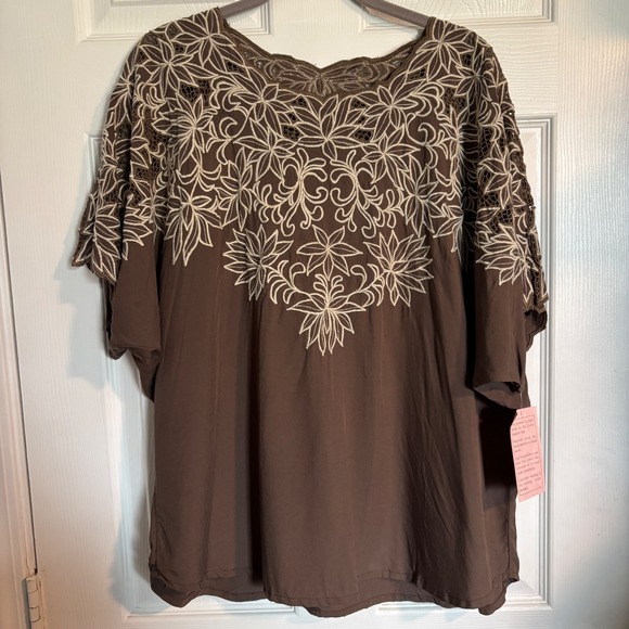 Boho Exotic Handmade In Bali Brown Floral Embroidered Lace Resort Vacation Top L - Picture 2 of 11